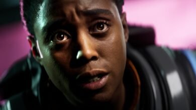 Close-up of a person with concerned expression, wearing futuristic gear.