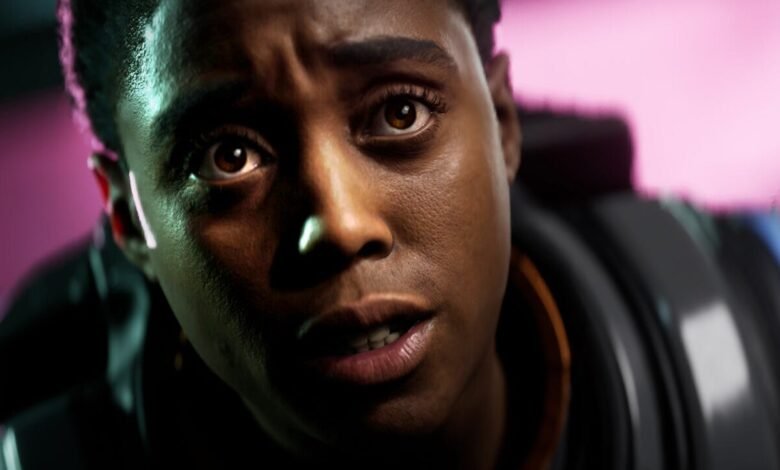 Close-up of a person with concerned expression, wearing futuristic gear.