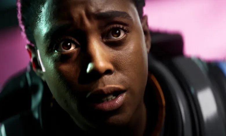 Close-up of a person with concerned expression, wearing futuristic gear.