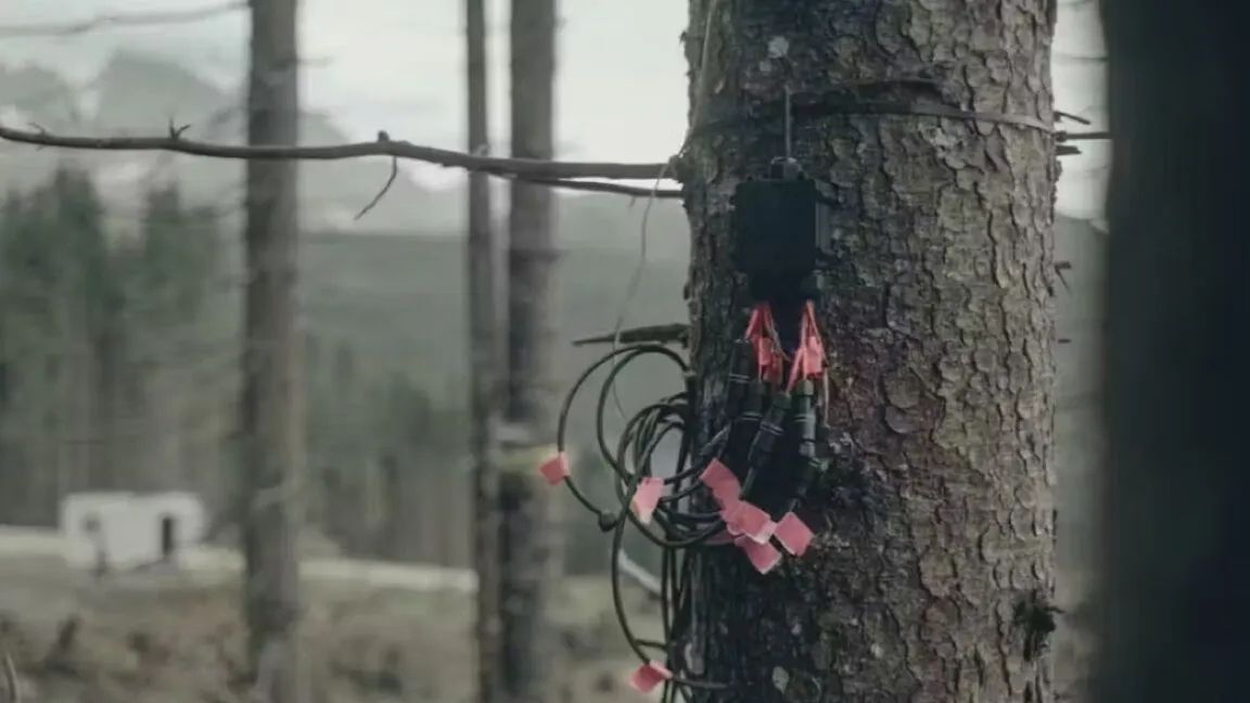Electrical box and wires attached to a tree in a forest setting.