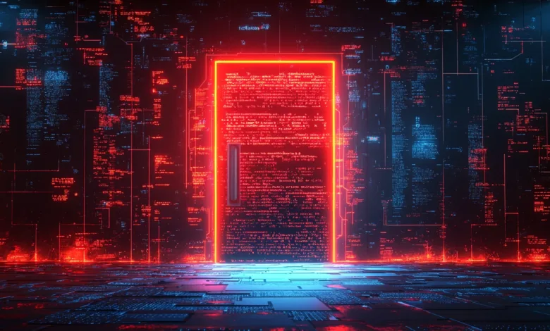 Glowing red doorway framed by code on a dark, futuristic wall.