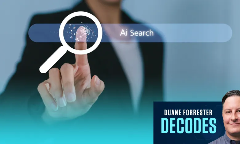 Person using magnifying glass on 'AI Search' bar, Duane Forrester Decodes logo.