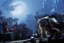 Fantasy scene with goblin-like creature and castle under a full moon.