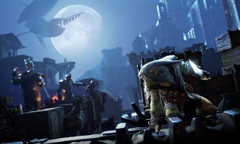 Fantasy scene with goblin-like creature and castle under a full moon.