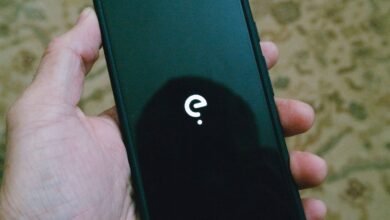 Hand holding a phone displaying the /e/ logo on a black screen.