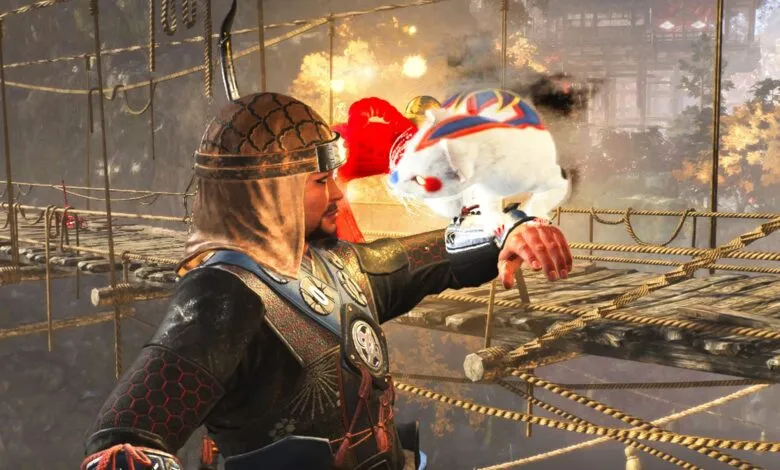 Warrior in traditional armor interacts with a stylized, colorful creature on a rope bridge.