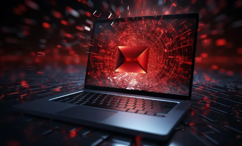 Laptop screen displays a red envelope icon amidst a digital vortex.