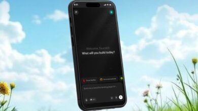 Smartphone displaying a website builder app with a nature background.
