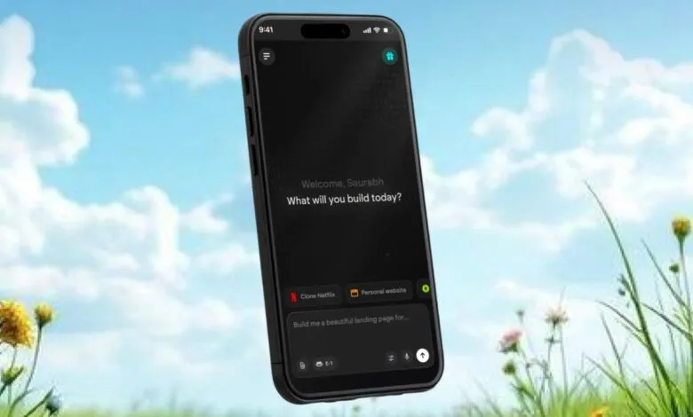 Smartphone displaying a website builder app with a nature background.