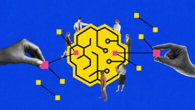 Abstract image of a brain with people and connecting lines.