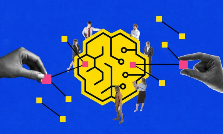 Abstract image of a brain with people and connecting lines.