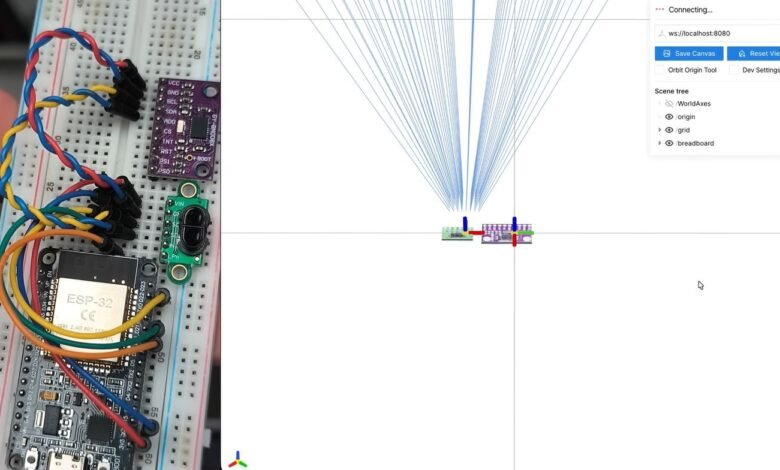 ESP32 microcontroller connected to sensors on a breadboard, with 3D visualization.