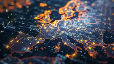 Digital map of Europe with glowing borders and star icons.