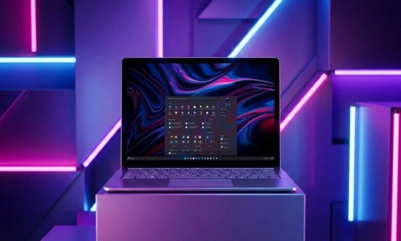 Laptop on a pedestal with a vibrant, colorful display and neon lighting.
