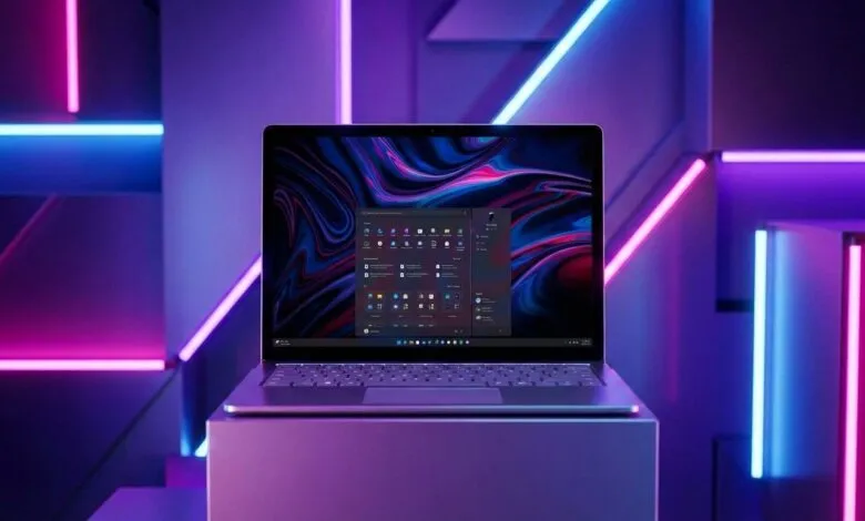 Laptop on a pedestal with a vibrant, colorful display and neon lighting.
