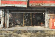 Fallout 4 garage with power armor and Nuka-Cola machine.