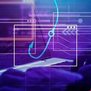 Laptop with a fishing hook graphic overlay, representing phishing or online scams.