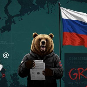 Illustration of a bear in a jacket holding documents, with a Russian flag and map in the background.
