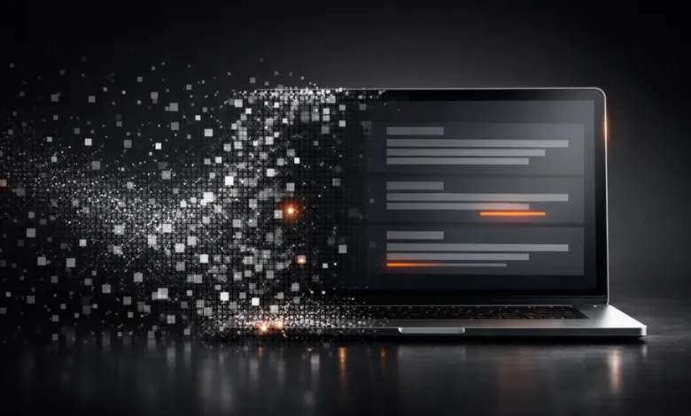 Laptop with screen displaying data and pixelated effect on the left side.