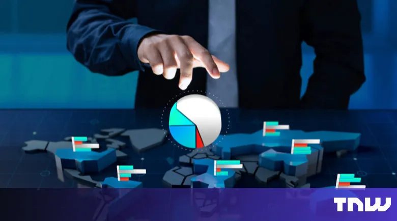 Hand hovers over world map with pie chart, indicating global data analysis.