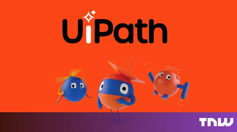 UiPath logo with three cartoon robot characters on an orange background.