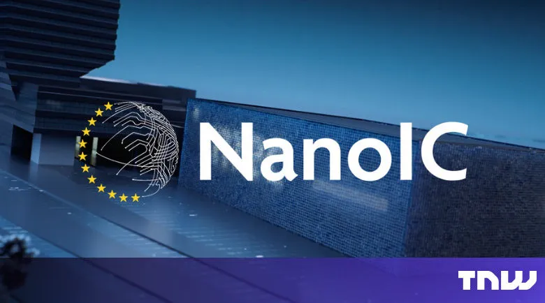 NanoIC logo with EU flag and circuit board design against a modern building.