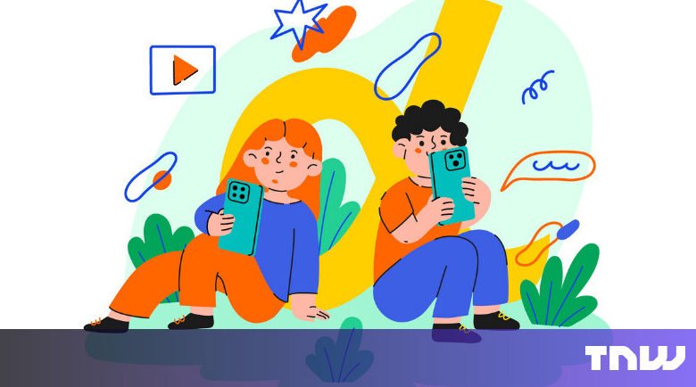 Cartoon of two people sitting and using smartphones, surrounded by icons.