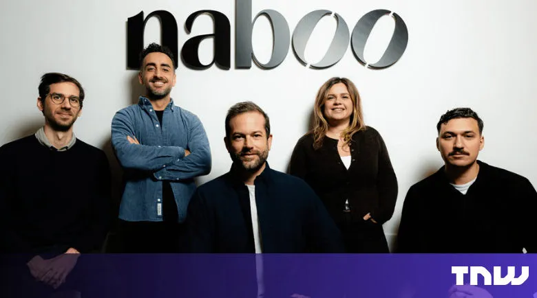 Five people pose in front of a 'naboo' logo on a white wall.
