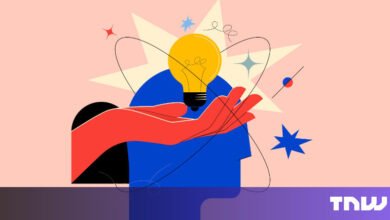 Abstract illustration of a hand holding a lightbulb above a head.