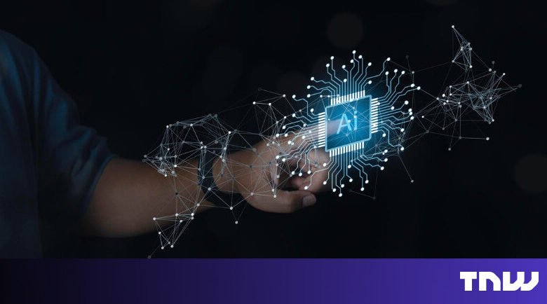 Hand holding glowing AI chip with network connections in dark space.