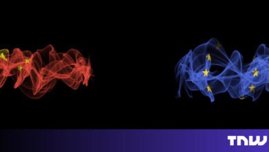 Abstract representations of the Chinese and EU flags in a smoky, ethereal style.