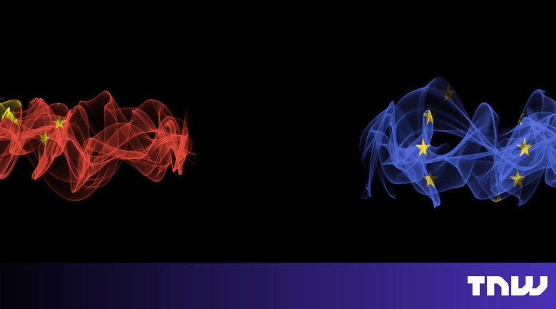 Abstract representations of the Chinese and EU flags in a smoky, ethereal style.