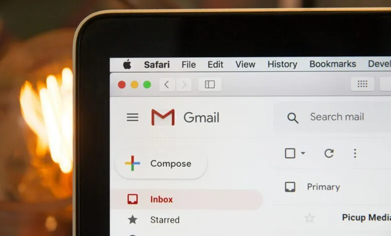 Gmail inbox displayed on a Safari browser window on a laptop screen.