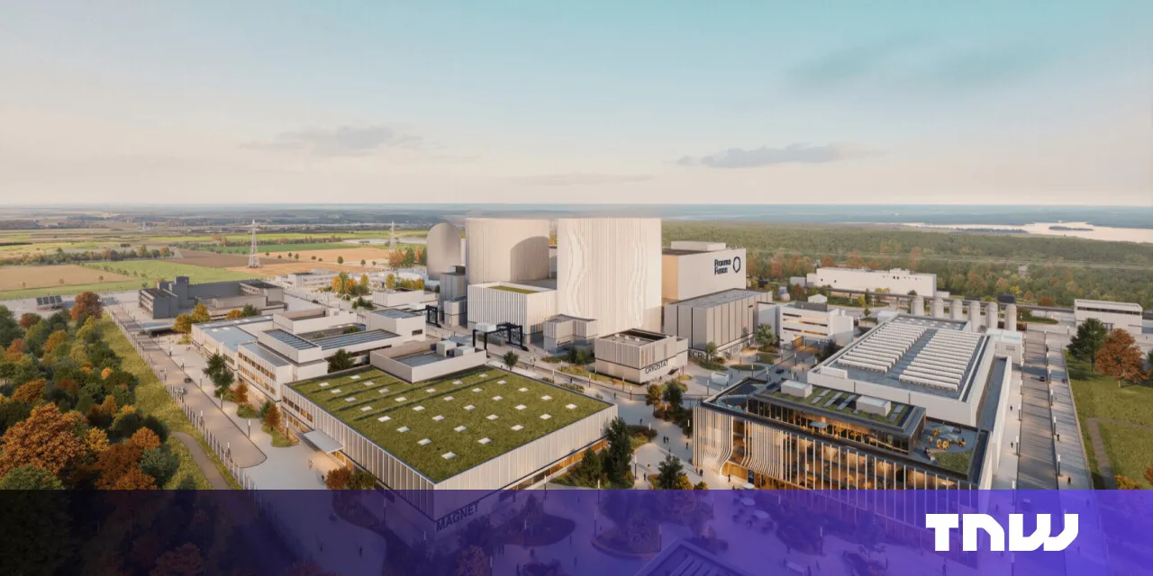 Rendering of a large, modern industrial complex with green roofs and cylindrical structures.