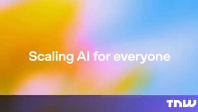 Blurred background with text 'Scaling AI for everyone' and TNW logo.