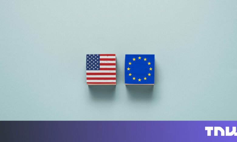 Two wooden blocks display the US and EU flags.