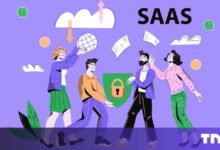 Illustration of people interacting with cloud and security elements for SaaS.