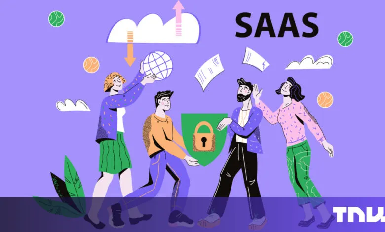 Illustration of people interacting with cloud and security elements for SaaS.