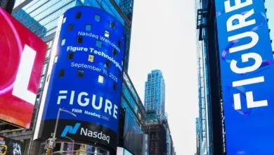 Figure Technologies billboard in Times Square, Nasdaq welcome.