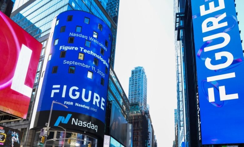 Figure Technologies billboard in Times Square, Nasdaq welcome.