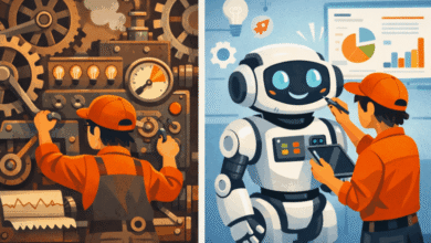 Illustration showing a mechanic working on machinery and a robot being programmed.