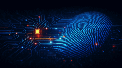 Fingerprint integrated into a circuit board, symbolizing digital security.
