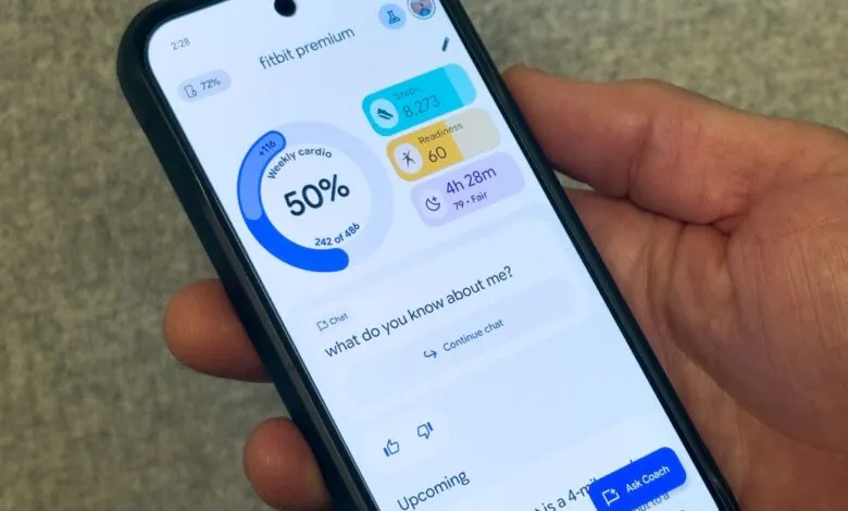Fitbit app on phone showing weekly cardio, steps, readiness, and sleep data.