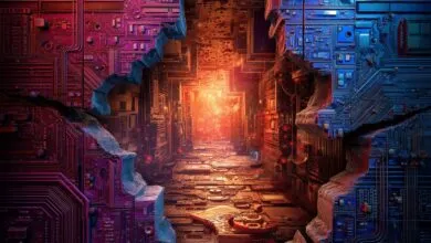 Abstract circuit board tunnel with bright light at the end, split color scheme.