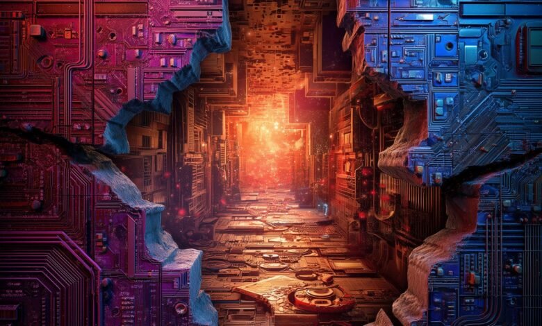 Abstract circuit board tunnel with bright light at the end, split color scheme.