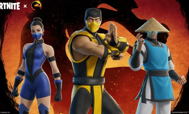 Fortnite x Mortal Kombat skins featuring Kitana, Scorpion, and Raiden.