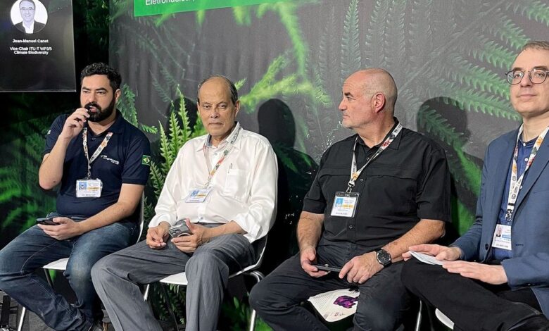 Four men sit on chairs at a conference, with a green fern backdrop.