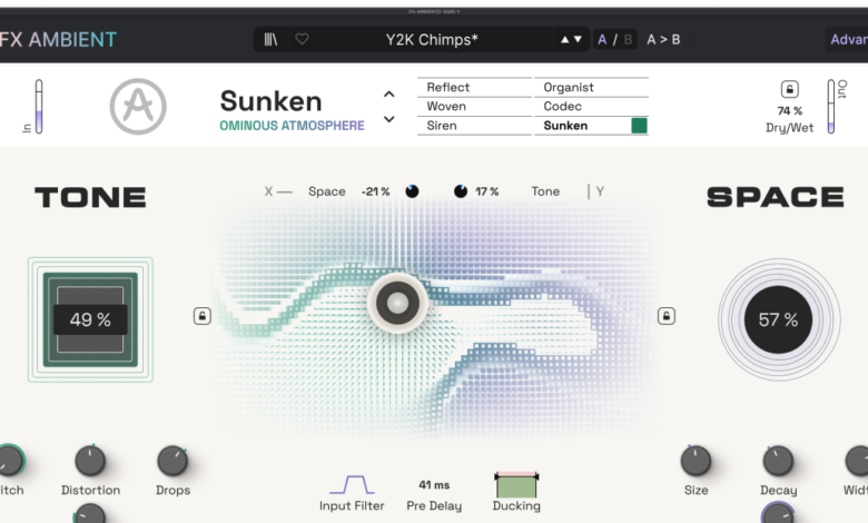 Screenshot of Arturia EFX Ambient plugin interface with 'Sunken' preset loaded.