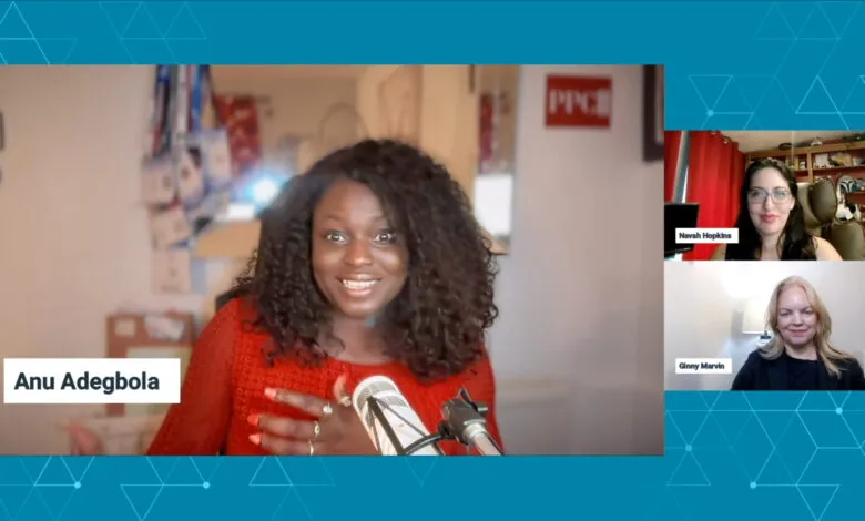 Three women, Anu, Navah, and Ginny, participate in a video conference call.