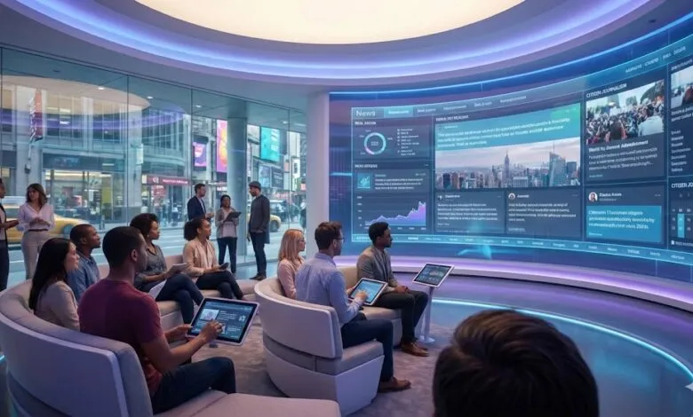 Futuristic newsroom with diverse team analyzing data on a large curved screen.